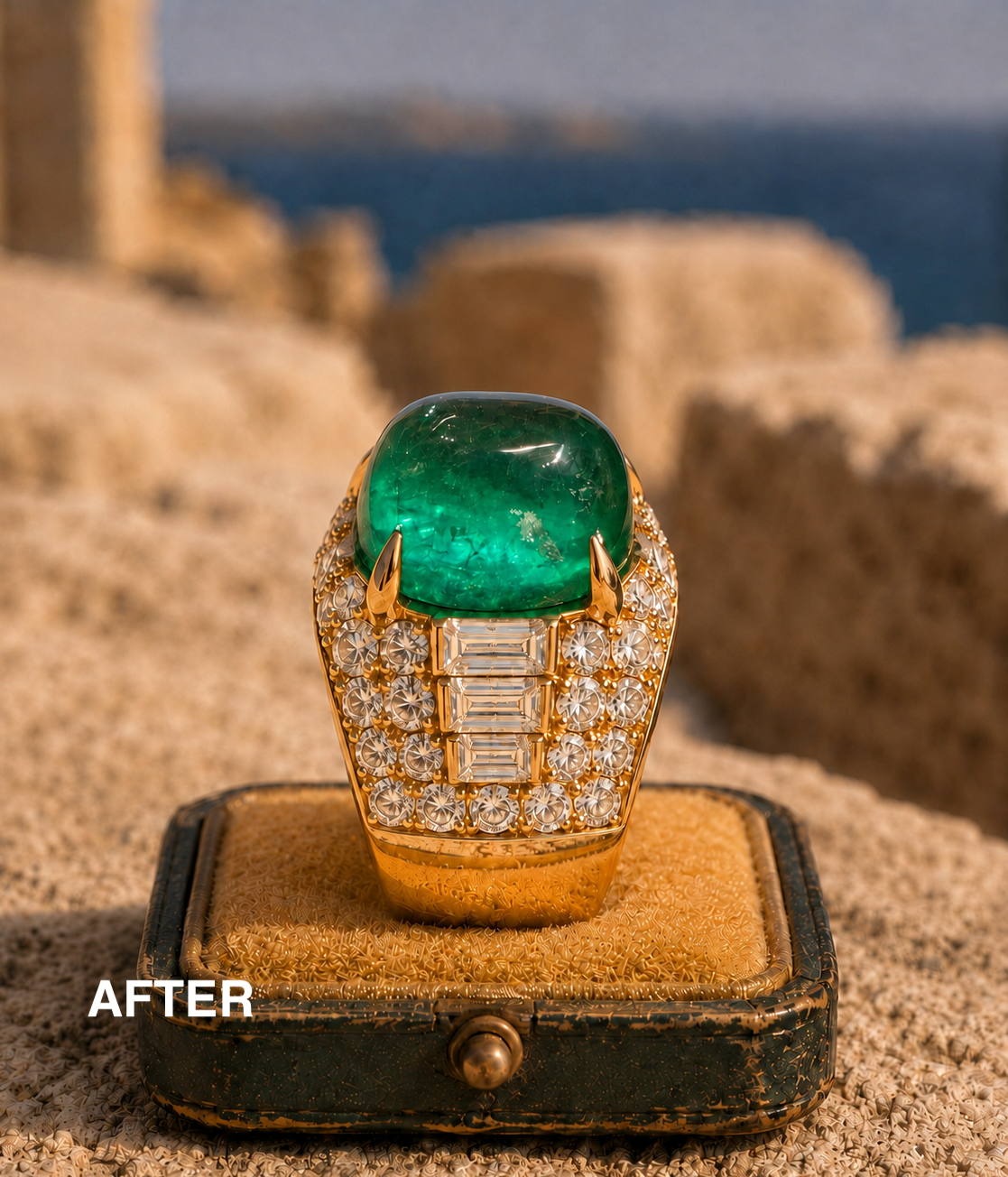 After: emerald and diamond ring in a sunlit setting