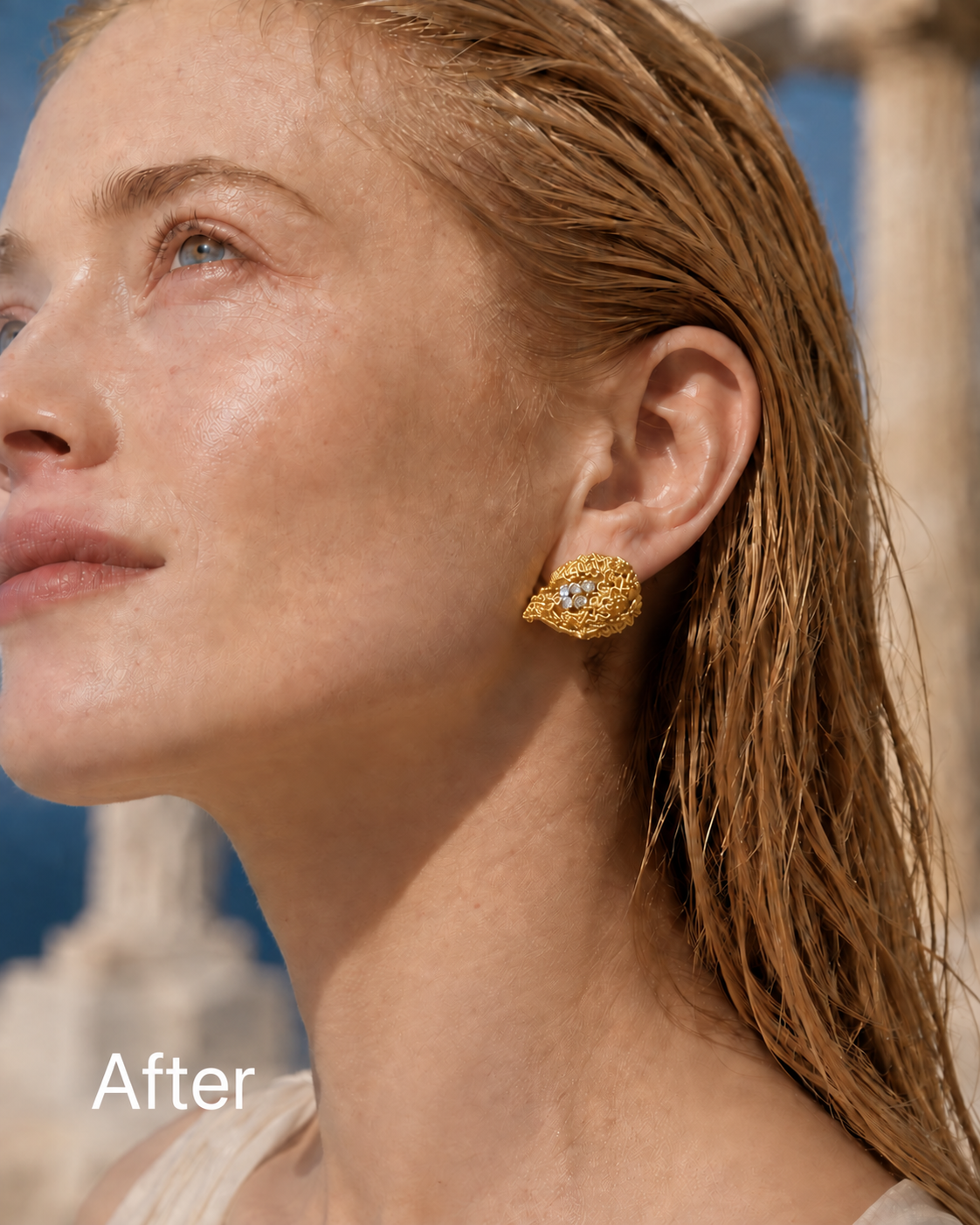 After: editorial portrait featuring a gold floral earring